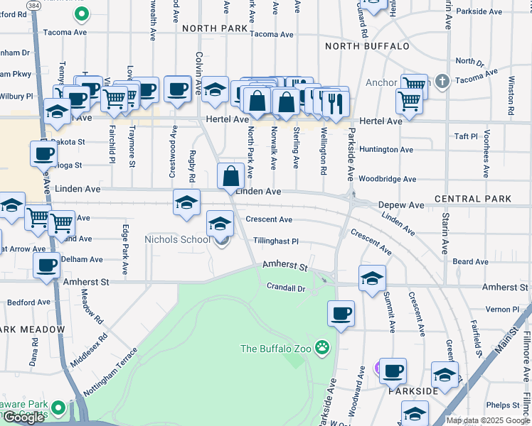 map of restaurants, bars, coffee shops, grocery stores, and more near 749 Crescent Avenue in Buffalo