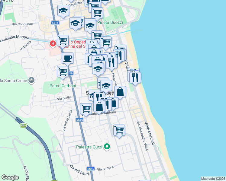 map of restaurants, bars, coffee shops, grocery stores, and more near 121 Via Asiago in San Benedetto del Tronto