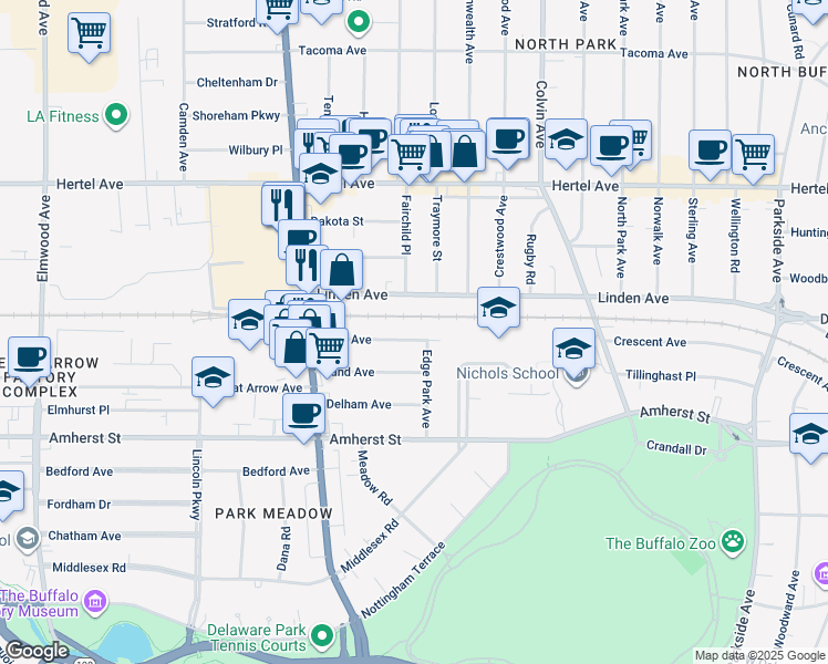map of restaurants, bars, coffee shops, grocery stores, and more near 106 Knox Avenue in Buffalo