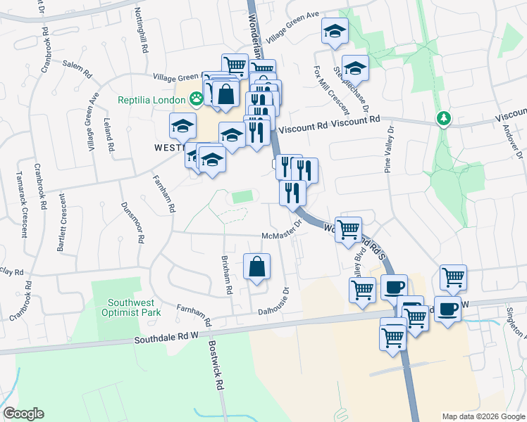 map of restaurants, bars, coffee shops, grocery stores, and more near 911 Wonderland Road South in London