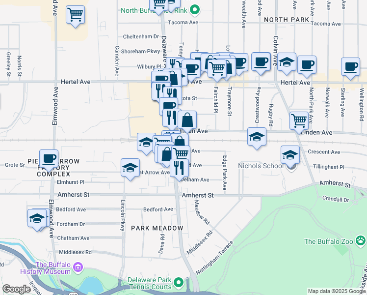 map of restaurants, bars, coffee shops, grocery stores, and more near 24 Knox Avenue in Buffalo