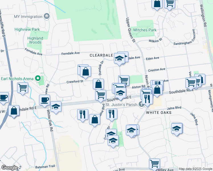 map of restaurants, bars, coffee shops, grocery stores, and more near 92 Clifton Crescent in London