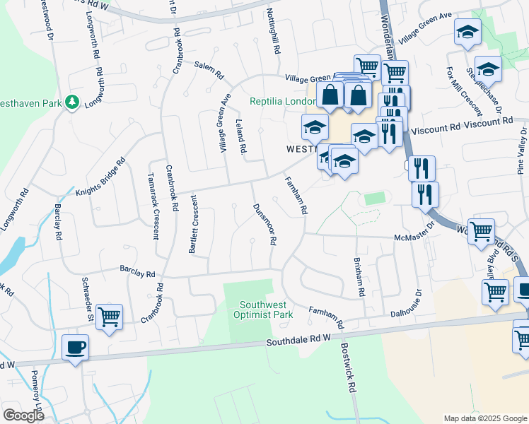 map of restaurants, bars, coffee shops, grocery stores, and more near 28 Dunsmoor Road in London