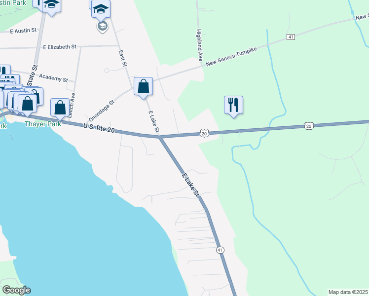 map of restaurants, bars, coffee shops, grocery stores, and more near 53 East Lake Street in Skaneateles