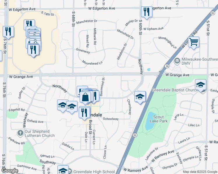 map of restaurants, bars, coffee shops, grocery stores, and more near 5585 Butternut Court in Greendale