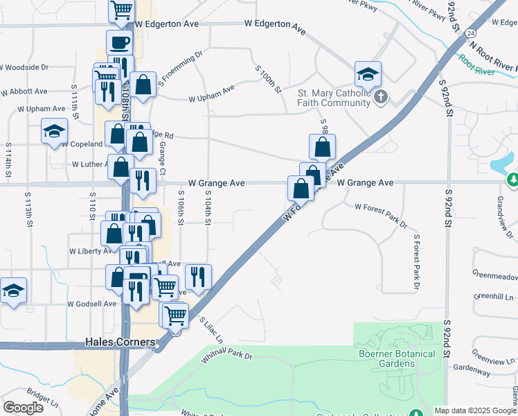 map of restaurants, bars, coffee shops, grocery stores, and more near 10120 West Denis Avenue in Hales Corners