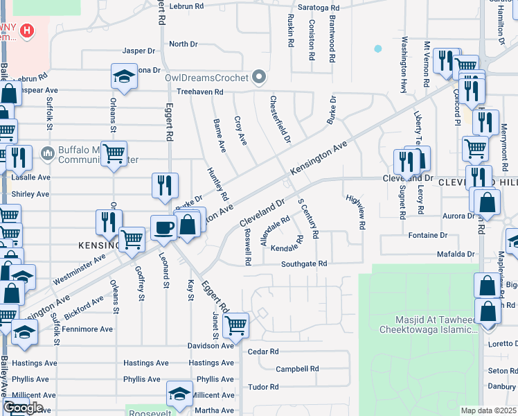 map of restaurants, bars, coffee shops, grocery stores, and more near 40 Cleveland Drive in Cheektowaga
