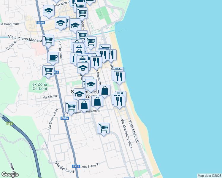 map of restaurants, bars, coffee shops, grocery stores, and more near 124 Via Trento in San Benedetto del Tronto