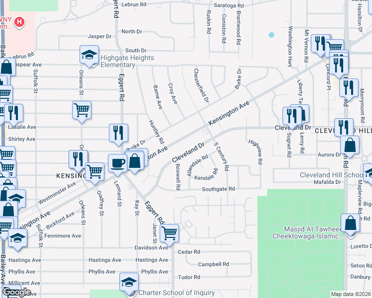 map of restaurants, bars, coffee shops, grocery stores, and more near 40 Cleveland Drive in Cheektowaga