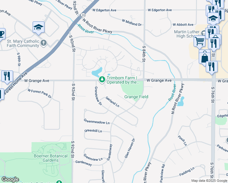 map of restaurants, bars, coffee shops, grocery stores, and more near 5631 Gatewood Lane in Greendale