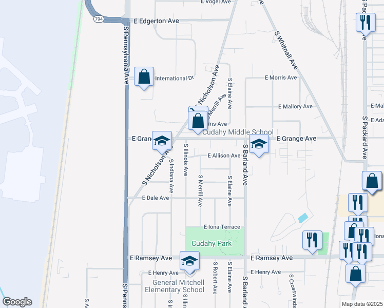 map of restaurants, bars, coffee shops, grocery stores, and more near 2818 East Allison Avenue in Cudahy