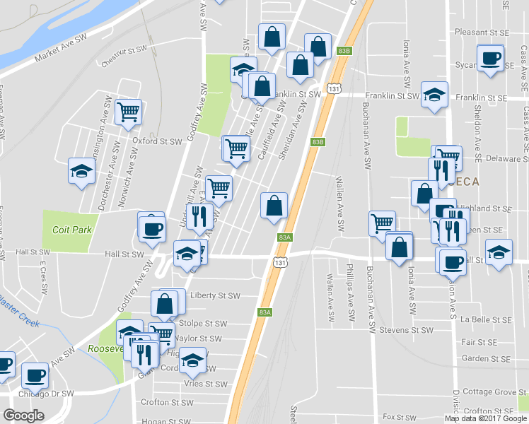 map of restaurants, bars, coffee shops, grocery stores, and more near 1036 Sheridan Avenue Southwest in Grand Rapids