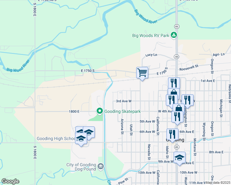 map of restaurants, bars, coffee shops, grocery stores, and more near 206 Texas Street in Gooding