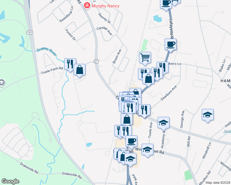 map of restaurants, bars, coffee shops, grocery stores, and more near 38 Exeter Road in Hampton