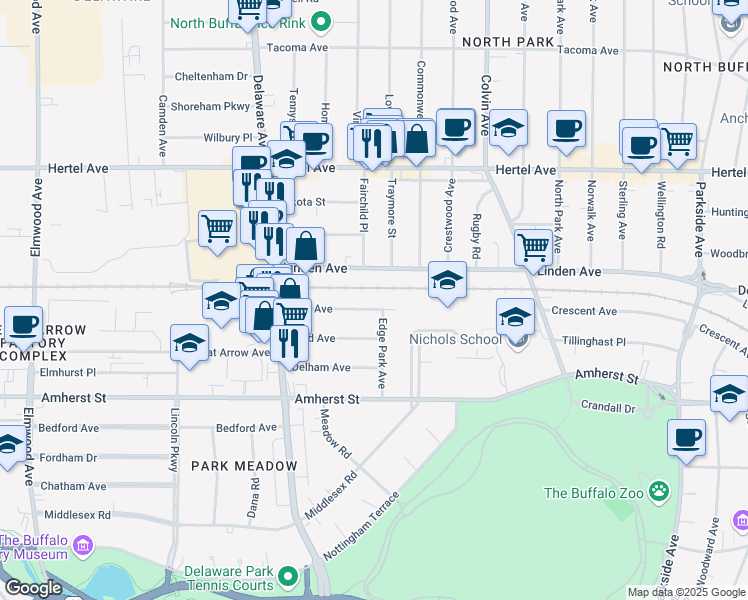 map of restaurants, bars, coffee shops, grocery stores, and more near 106 Knox Avenue in Buffalo