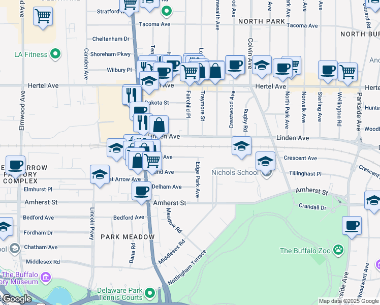 map of restaurants, bars, coffee shops, grocery stores, and more near 106 Knox Avenue in Buffalo