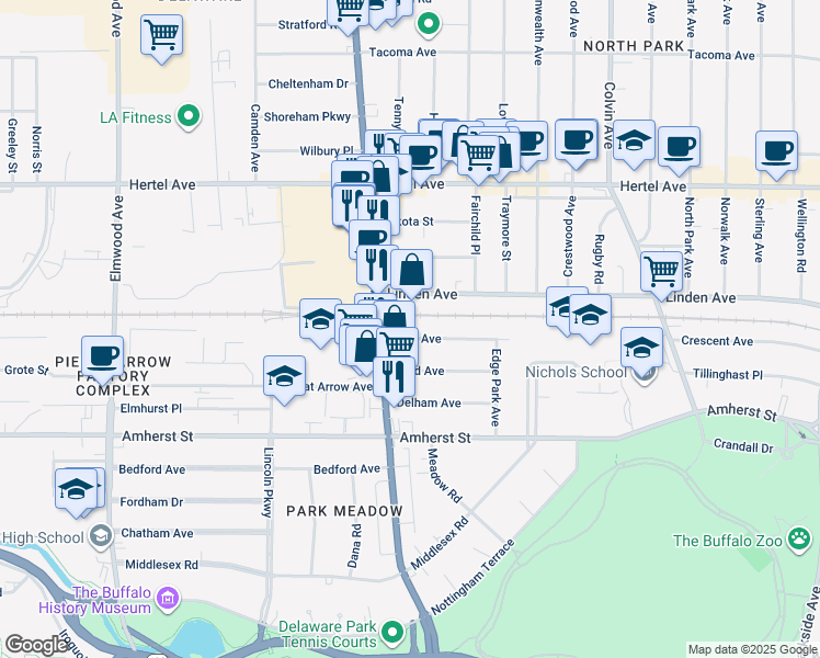 map of restaurants, bars, coffee shops, grocery stores, and more near 24 Knox Avenue in Buffalo