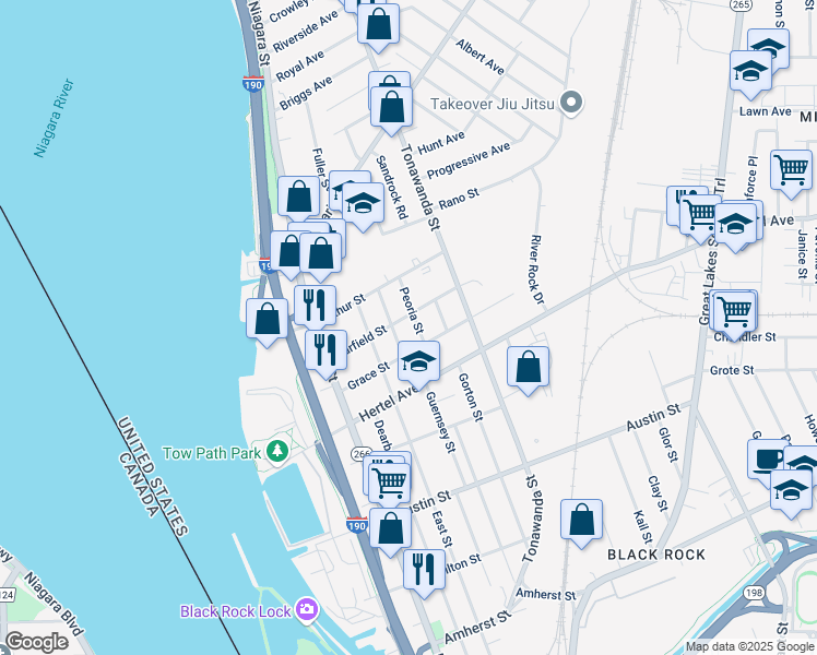 map of restaurants, bars, coffee shops, grocery stores, and more near 16 Peoria Street in Buffalo