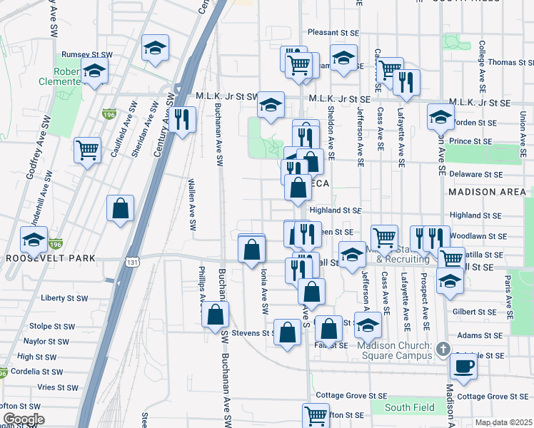 map of restaurants, bars, coffee shops, grocery stores, and more near 1058 Ionia Avenue Southwest in Grand Rapids