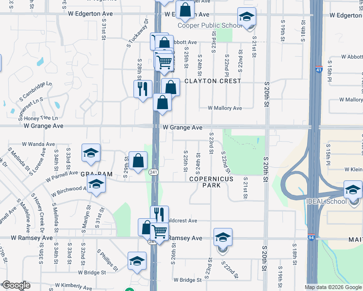 map of restaurants, bars, coffee shops, grocery stores, and more near 5555 South 25th Street in Milwaukee