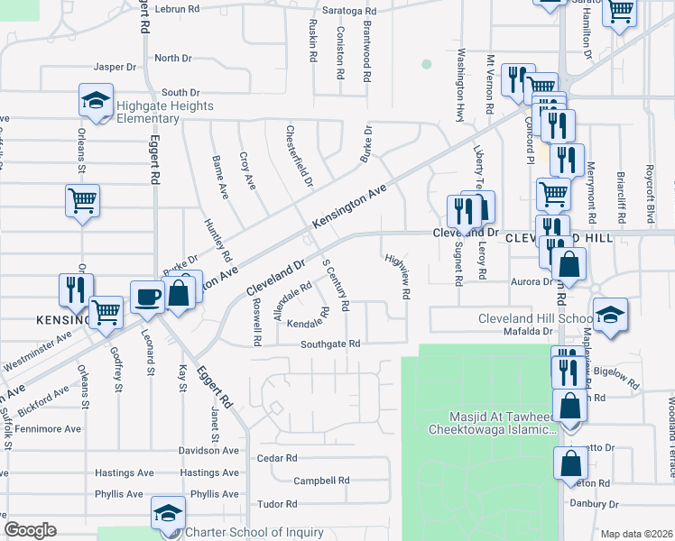 map of restaurants, bars, coffee shops, grocery stores, and more near 87 South Century Road in Buffalo