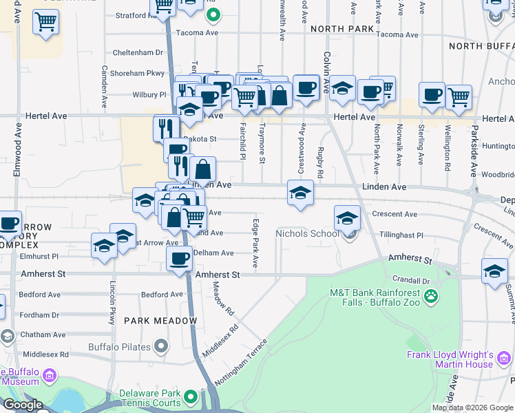 map of restaurants, bars, coffee shops, grocery stores, and more near 106 Knox Avenue in Buffalo