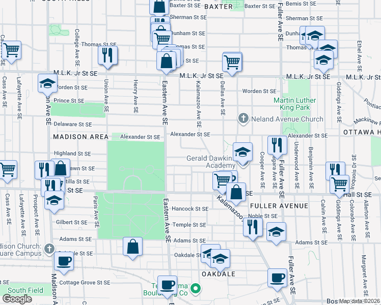 map of restaurants, bars, coffee shops, grocery stores, and more near 855 Oakhill Street Southeast in Grand Rapids