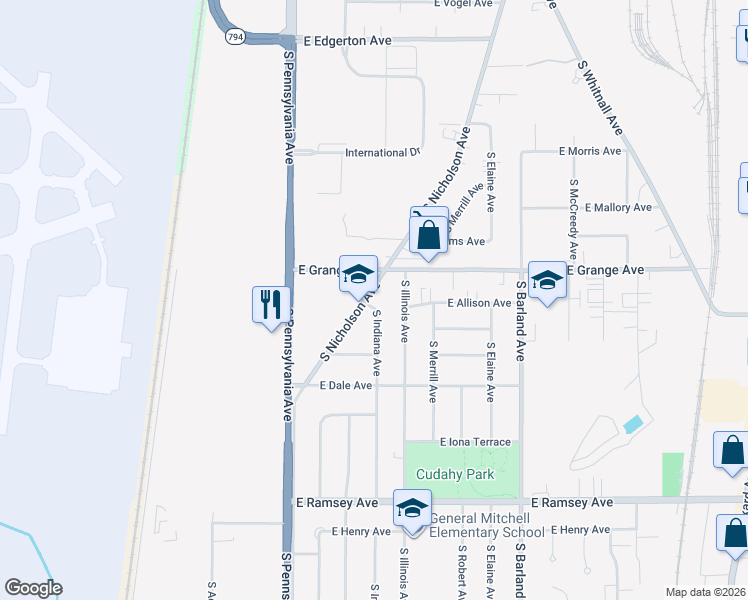 map of restaurants, bars, coffee shops, grocery stores, and more near 5556 South Indiana Avenue in Cudahy