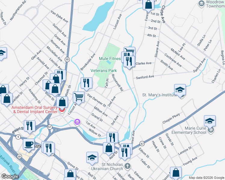 map of restaurants, bars, coffee shops, grocery stores, and more near 40 Roosevelt Road in Amsterdam