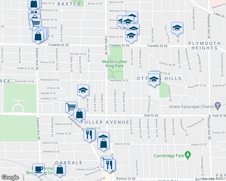 map of restaurants, bars, coffee shops, grocery stores, and more near 1035 Underwood Avenue Southeast in Grand Rapids