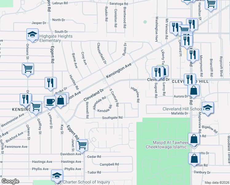map of restaurants, bars, coffee shops, grocery stores, and more near 87 South Century Road in Buffalo