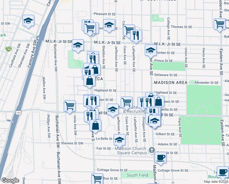 map of restaurants, bars, coffee shops, grocery stores, and more near 1104 Jefferson Avenue Southeast in Grand Rapids