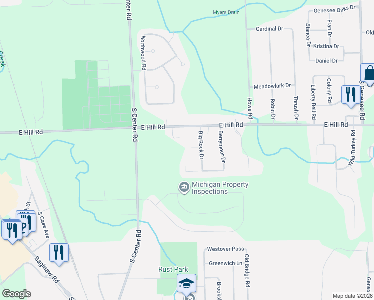 map of restaurants, bars, coffee shops, grocery stores, and more near 4108 Big Rock Court in Grand Blanc
