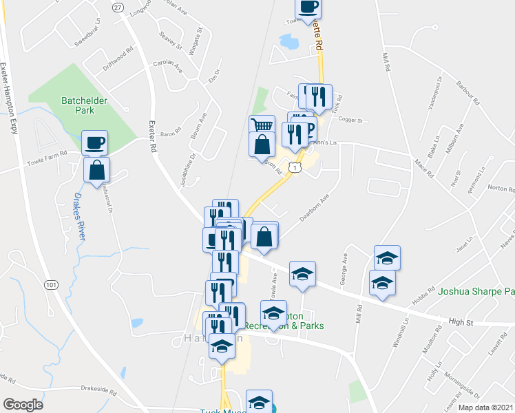 map of restaurants, bars, coffee shops, grocery stores, and more near 547 U.S. 1 in Hampton