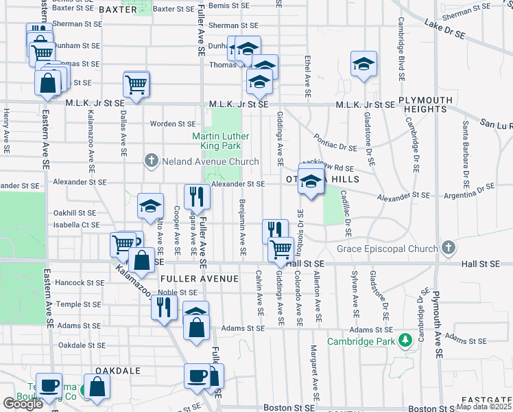 map of restaurants, bars, coffee shops, grocery stores, and more near 1035 Calvin Avenue Southeast in Grand Rapids