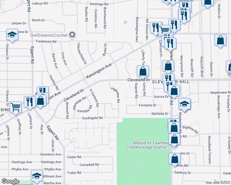 map of restaurants, bars, coffee shops, grocery stores, and more near 88 Highview Road in Buffalo