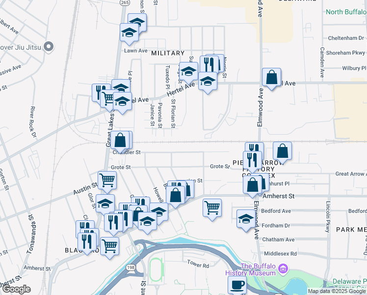 map of restaurants, bars, coffee shops, grocery stores, and more near 166 Chandler Street in Buffalo