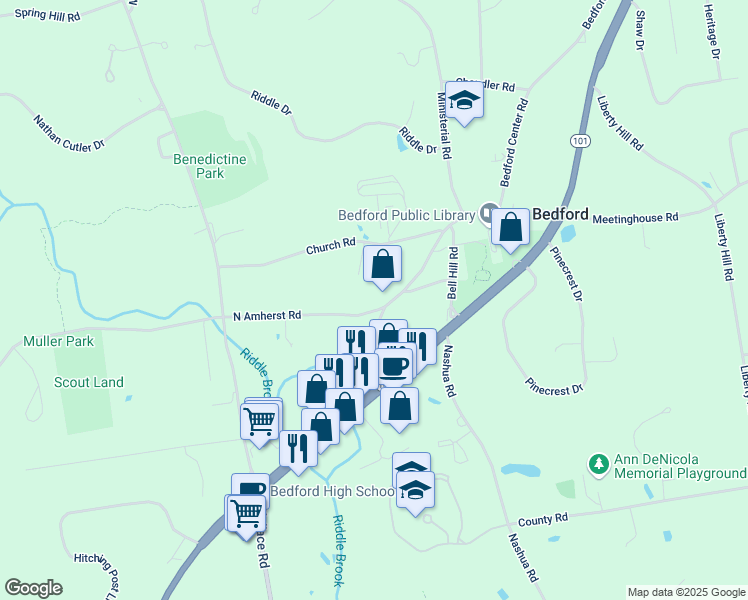 map of restaurants, bars, coffee shops, grocery stores, and more near in Bedford
