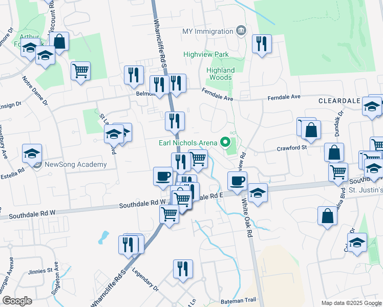 map of restaurants, bars, coffee shops, grocery stores, and more near 820 Wharncliffe Road South in London