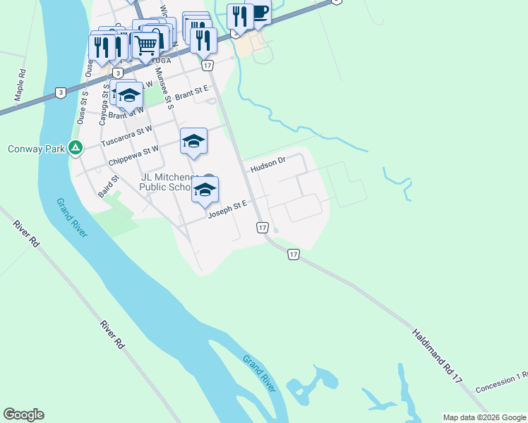 map of restaurants, bars, coffee shops, grocery stores, and more near 83 Thorburn Street in Cayuga