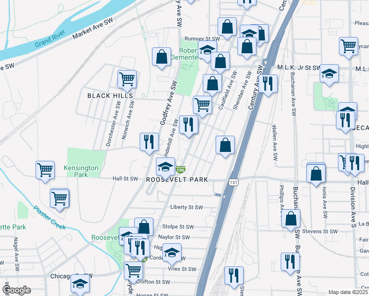 map of restaurants, bars, coffee shops, grocery stores, and more near 1071 Grandville Avenue Southwest in Grand Rapids