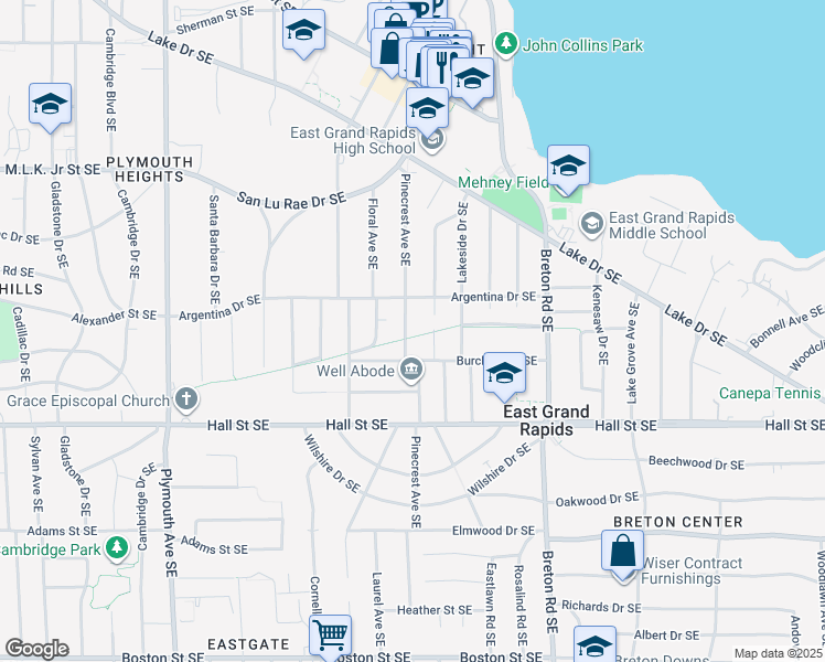 map of restaurants, bars, coffee shops, grocery stores, and more near 1038 Pinecrest Avenue Southeast in Grand Rapids
