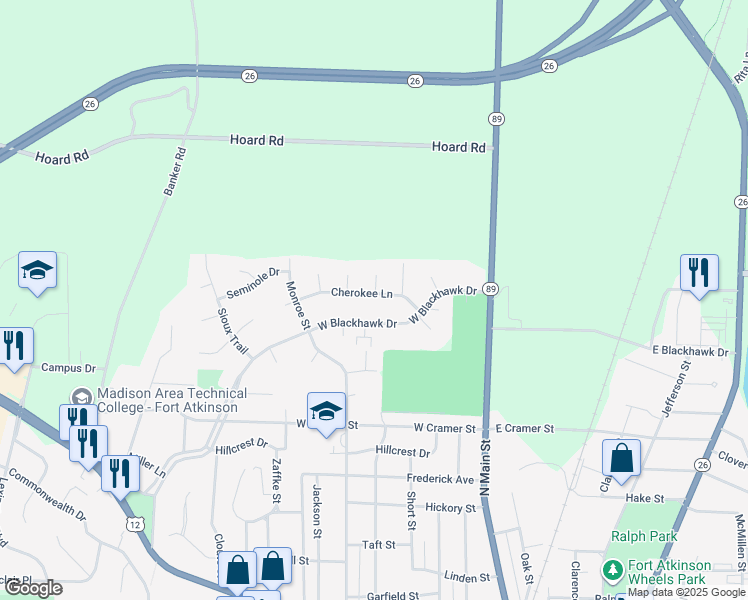 map of restaurants, bars, coffee shops, grocery stores, and more near 371 Cherokee Lane in Fort Atkinson