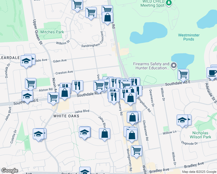 map of restaurants, bars, coffee shops, grocery stores, and more near 636 Southdale Road East in London