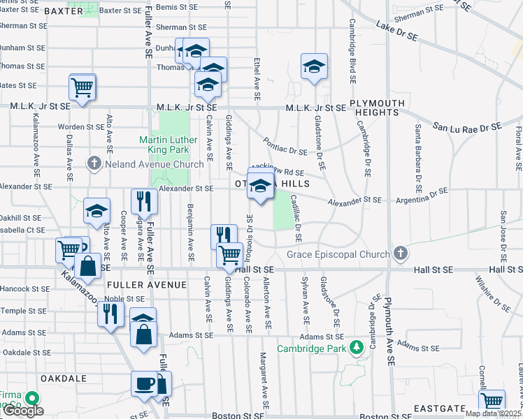 map of restaurants, bars, coffee shops, grocery stores, and more near 1501 Fisk Road Southeast in East Grand Rapids