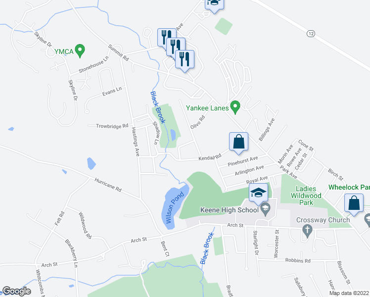 map of restaurants, bars, coffee shops, grocery stores, and more near 17 Leahy Road in Keene