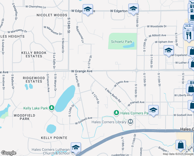 map of restaurants, bars, coffee shops, grocery stores, and more near 5560 South New Berlin Road in Hales Corners