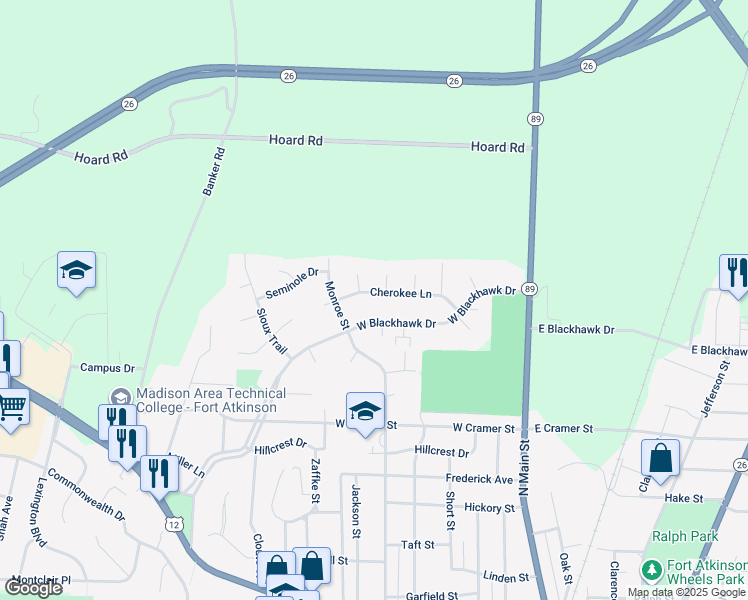 map of restaurants, bars, coffee shops, grocery stores, and more near 505 Cherokee Ln in Fort Atkinson