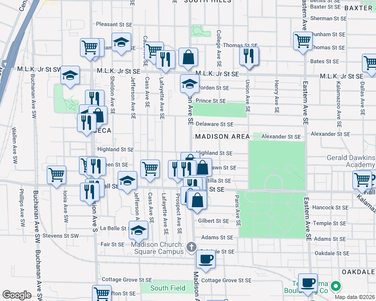 map of restaurants, bars, coffee shops, grocery stores, and more near in Grand Rapids