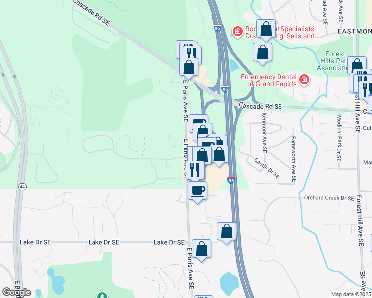 map of restaurants, bars, coffee shops, grocery stores, and more near 1040 East Paris Avenue Southeast in Grand Rapids
